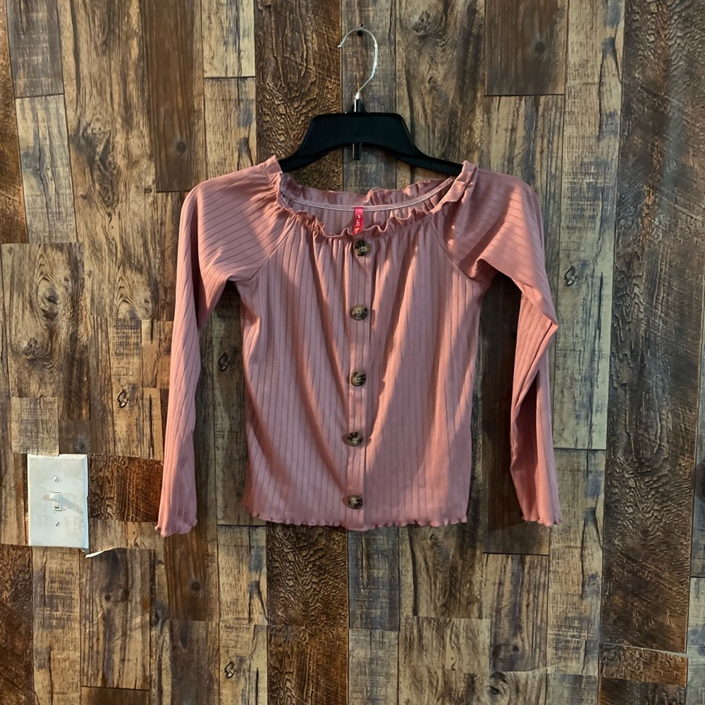 Cue girls short sleeve Pink Off-Shoulder Button-Up long sleeve ridge Top size 4